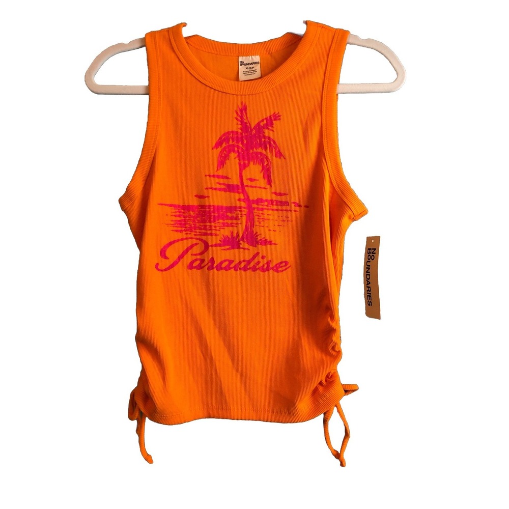 No Boundaries Junior Graphic Tank Top XS Orange Spirit Paradise Palm Tree‎ Vacay